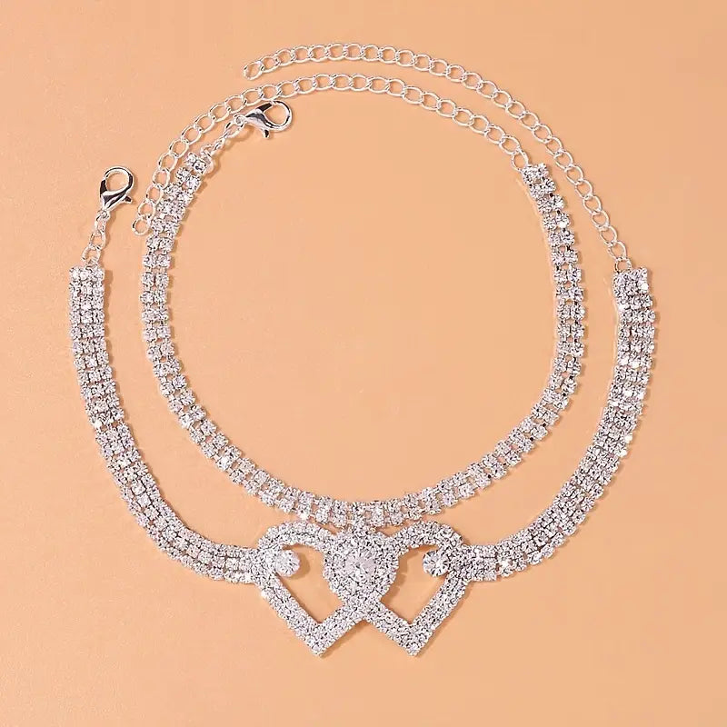 Double Heart Silver Rhinestone Anklets Set