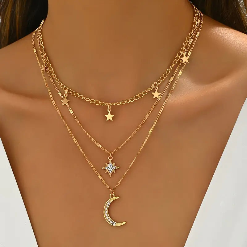 Bohemian Style Layered Golden Necklace with Star and Moon Pendants