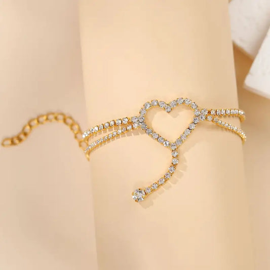 Gold Rhinestone Anklet with Heart and Tassel Charm