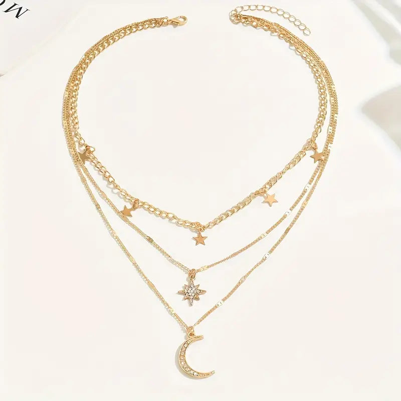 Bohemian Style Layered Golden Necklace with Star and Moon Pendants