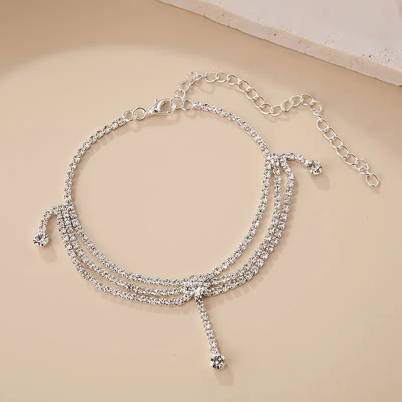 Multi-Layered Silver Rhinestone Anklet