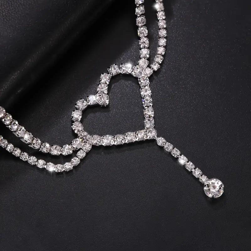 Silver Rhinestone Anklet with Heart and Tassel Charm