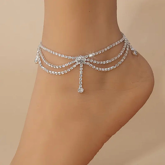 Multi-Layered Silver Rhinestone Anklet