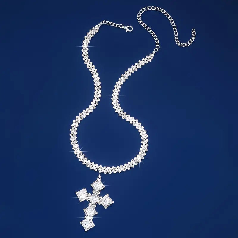 Rhinestone Rhombus Cross Pendant Necklace