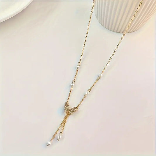 Butterfly Pendant Necklace With Faux Pearls