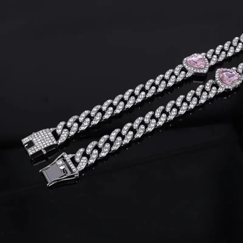 Pink Hearted Cuban Chain Necklace