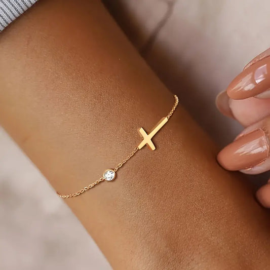 Cross And Round Beads Stainless Steel Pendant Bracelet