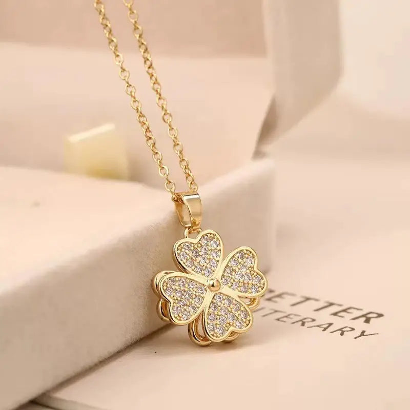 Golden Lucky Four-Leaf Clover Zirconia Micro-Inlaid Pendant