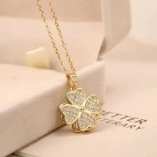 Golden Lucky Four-Leaf Clover Zirconia Micro-Inlaid Pendant