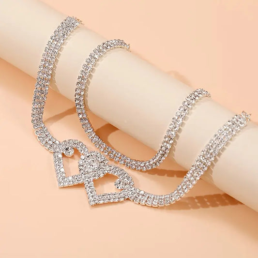 Double Heart Silver Rhinestone Anklets Set