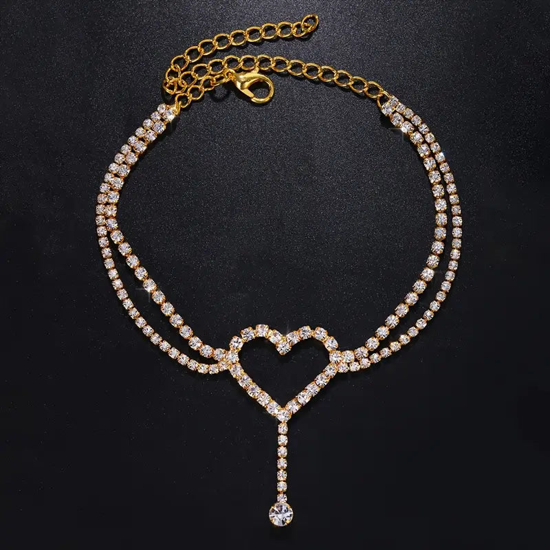 Gold Rhinestone Anklet with Heart and Tassel Charm