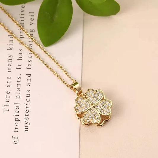 Golden Lucky Four-Leaf Clover Zirconia Micro-Inlaid Pendant