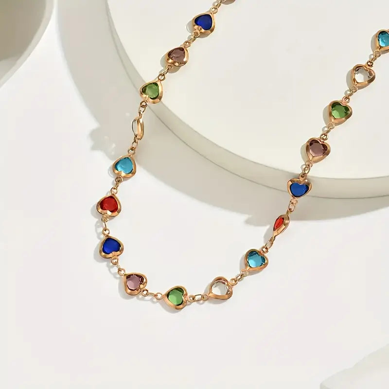 Long Necklace with Heart-Shaped Gemstones