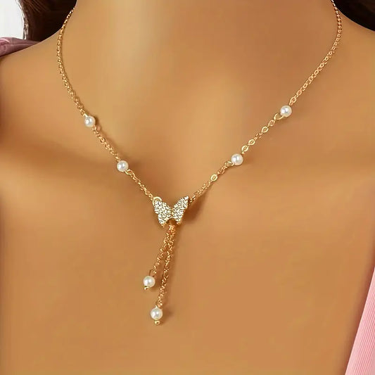 Butterfly Pendant Necklace With Faux Pearls