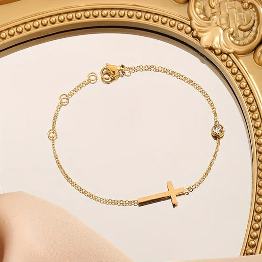 Cross And Round Beads Stainless Steel Pendant Bracelet