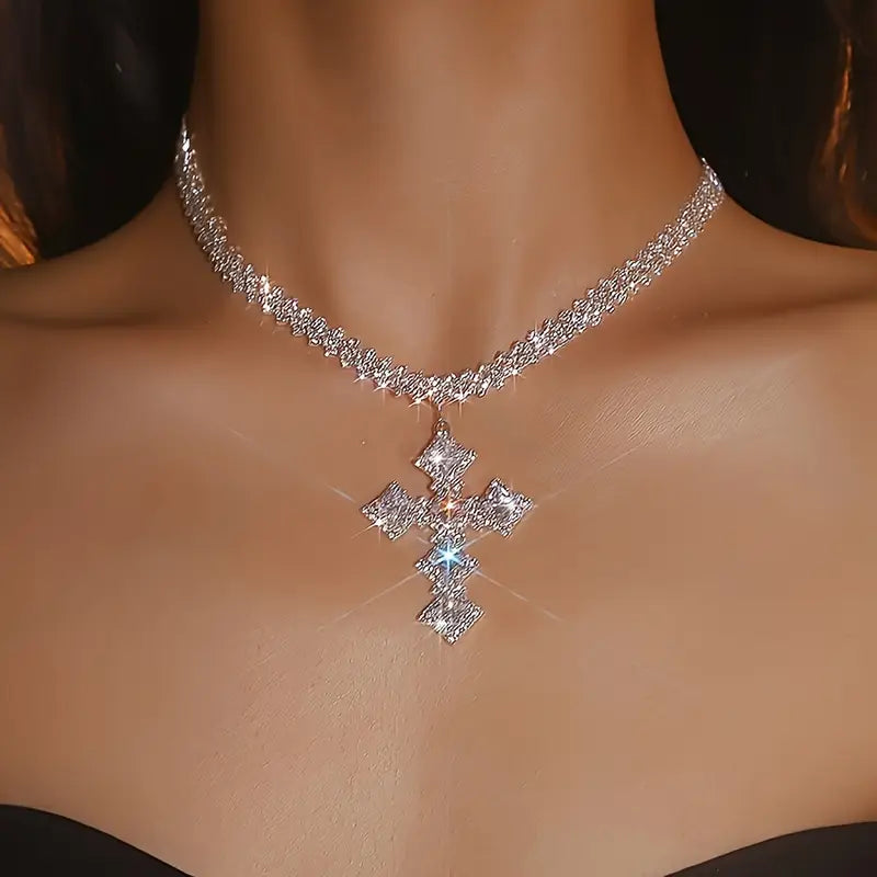 Rhinestone Rhombus Cross Pendant Necklace