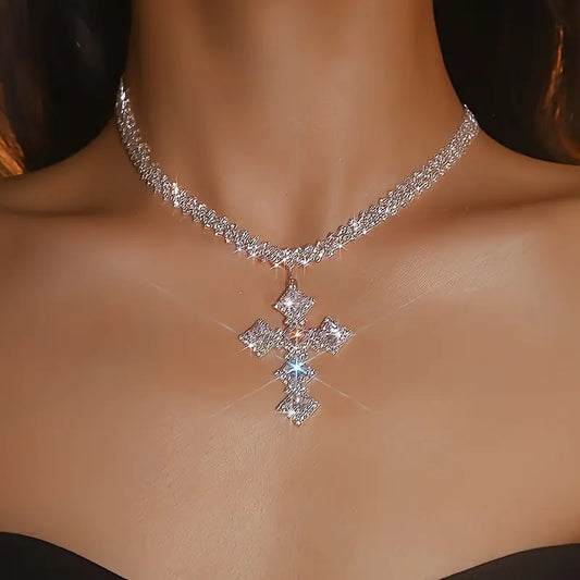 Rhinestone Rhombus Cross Pendant Necklace