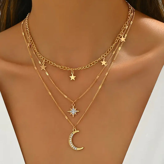 Bohemian Style Layered Golden Necklace with Star and Moon Pendants