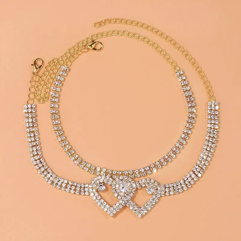 Double Heart Gold Rhinestone Anklets Set