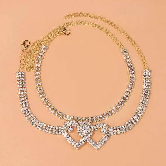 Double Heart Gold Rhinestone Anklets Set