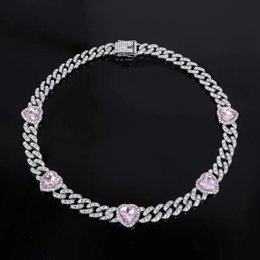 Pink Hearted Cuban Chain Necklace