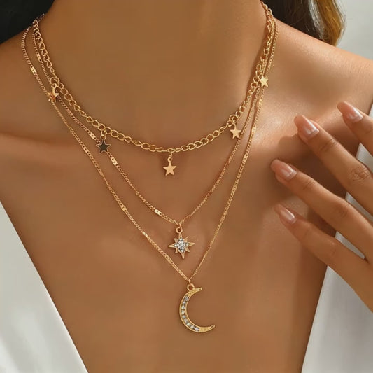Bohemian Style Layered Golden Necklace with Star and Moon Pendants